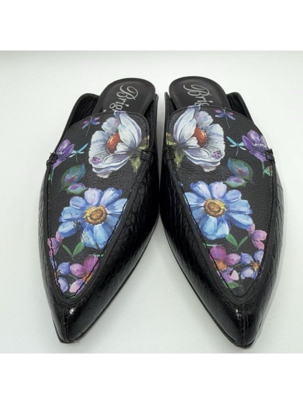 Brighton Floral Everly Mules Croc Embossed Black Low Heel Sz 9 Made In Italy - Picture 4 of 16